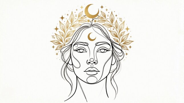 Minimalist line art of mystical woman face with gold celestial moon, stars. Goddess wears floral leaf crown, zodiac signs. Spiritual feminine design features cosmic elements, magic moon symbols,