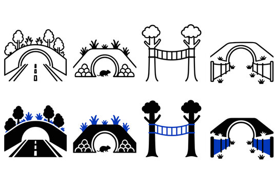 Outdoor infrastructure icon set with road tunnels and footbridge