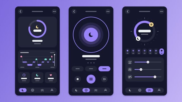 Mobile App UI UX Design Animation Featuring Dark Mode Sleep Tracker And Sound Player Interfaces For User Experience
