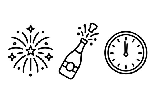 New Year celebration icons with fireworks champagne and clock