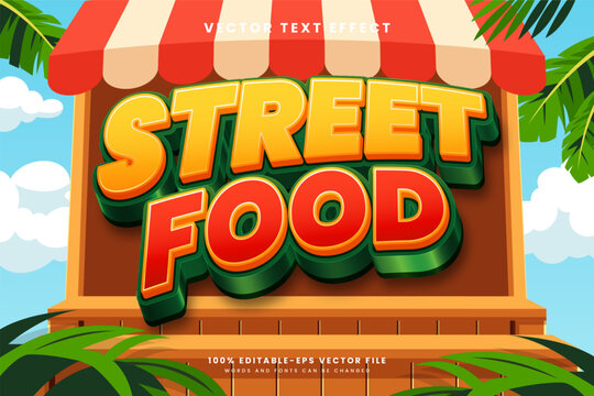 Editable vector text effect with bold 3D lettering, vibrant orange and yellow gradients, a playful retro street food theme. Perfect for food branding and restaurant signage.