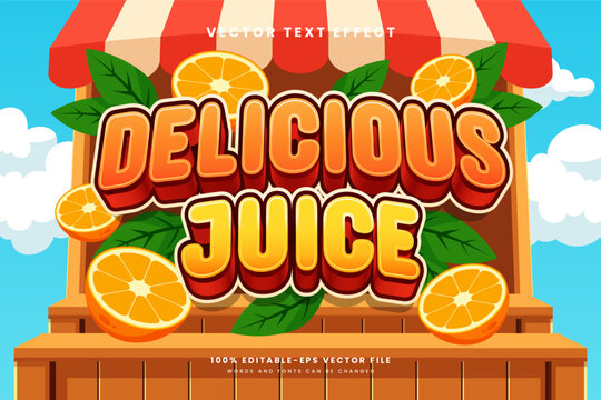 Editable vector text effect with bold 3D lettering, vibrant orange gradients, and a refreshing citrus-inspired design. Perfect for juice packaging and beverage branding.