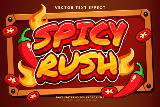 Spicy rush text effect with fiery red and yellow 3D lettering and a bold hot sauce aesthetic. Perfect for spicy food branding, restaurant menus, and snack promotions.