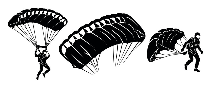 Adventure and parachuting icon set with parachutes skydivers and canopy silhouettes for marketing in minimal vector art
