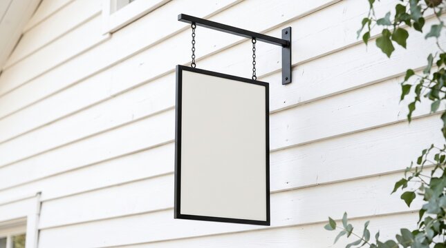 Blank rectangular hanging sign mounted on white exterior wall