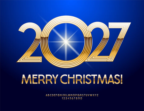 Vector traditional Greeting Card Merry Christmas 2027! Luxury Gold Font. Trendy Exclusive set of Amazing Alphabet Letters and Numbers.
