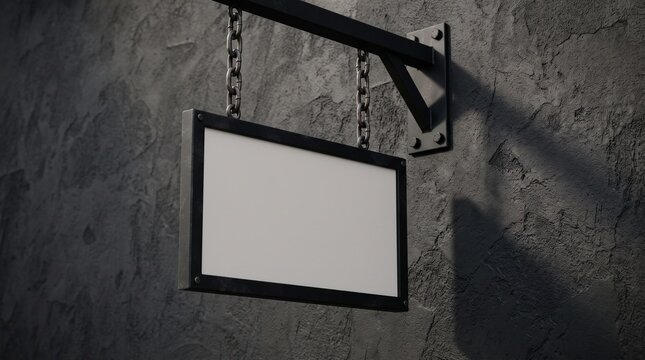 Empty blank rectangular sign hanging on rustic wall with chains
