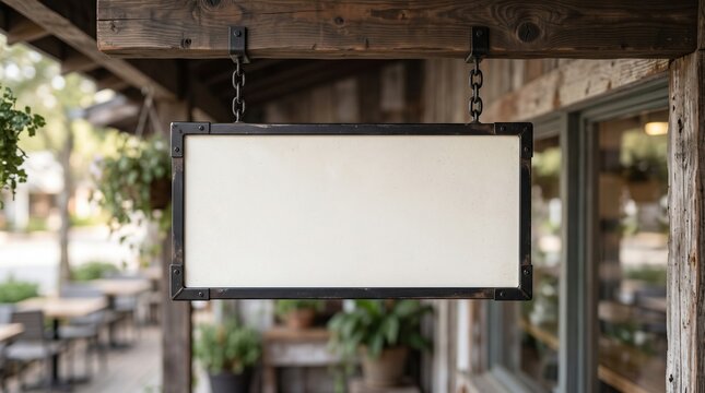 Empty rectangular sign hanging from wooden beam in rustic caf&eacute; setting