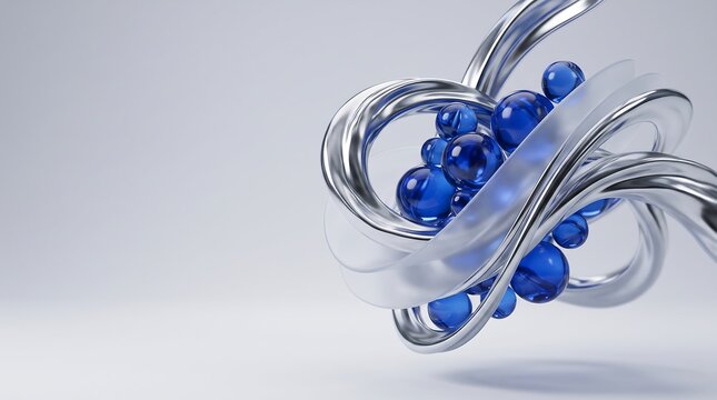 Abstract 3D render of liquid chrome ribbons and glossy blue glass spheres on a light studio background