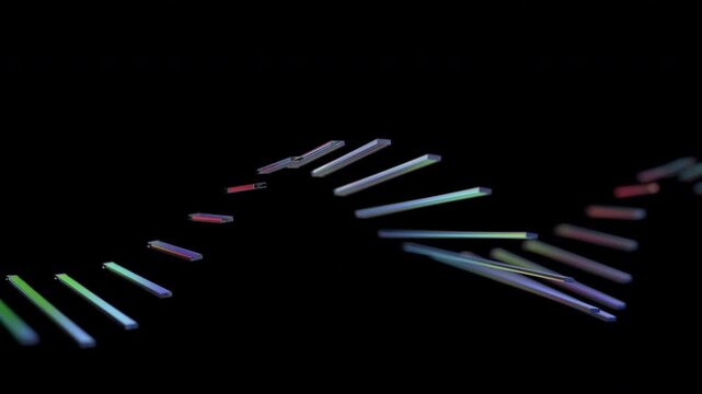 Thin glowing glass sticks forming a flowing sine wave on a dark black background, signal frequency and DNA helix concept, seamless loop, 3d rendered animation