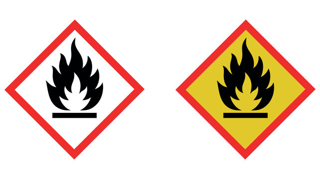 Flammable warning symbols with fire flame icons in red diamond borders isolated on white background.