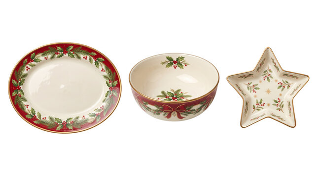 Set of three christmas ceramic dishes including a round plate, a deep bowl, and a star-shaped tray with holly leaf and red berry patterns