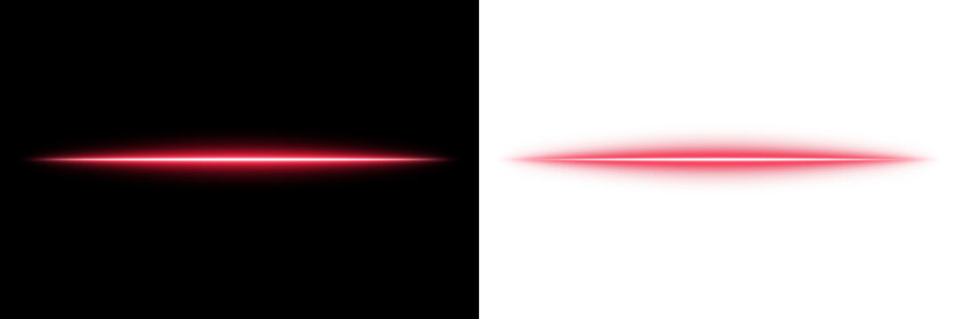 Horizontal ruby red laser beam streak with glowing light effects isolated on a transparent background