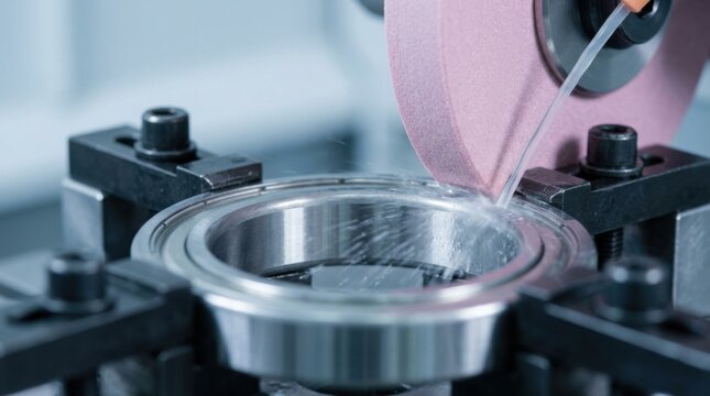 precision machining: Abrasive wheel grinding the internal raceway of a ball bearing outer ring with coolant stream at the precision contact point
