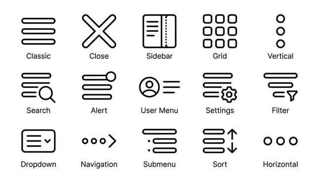 Modern ui ux menu icon set with classic grid dropdown and navigation elements for website and application interfaces.