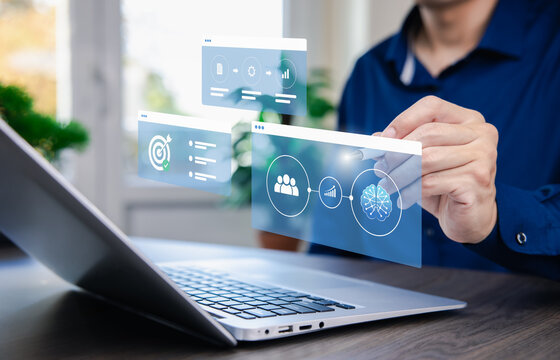 AI business transformation concept connecting people, performance growth and artificial intelligence, with digital panels illustrating workflow optimization and strategic goals.