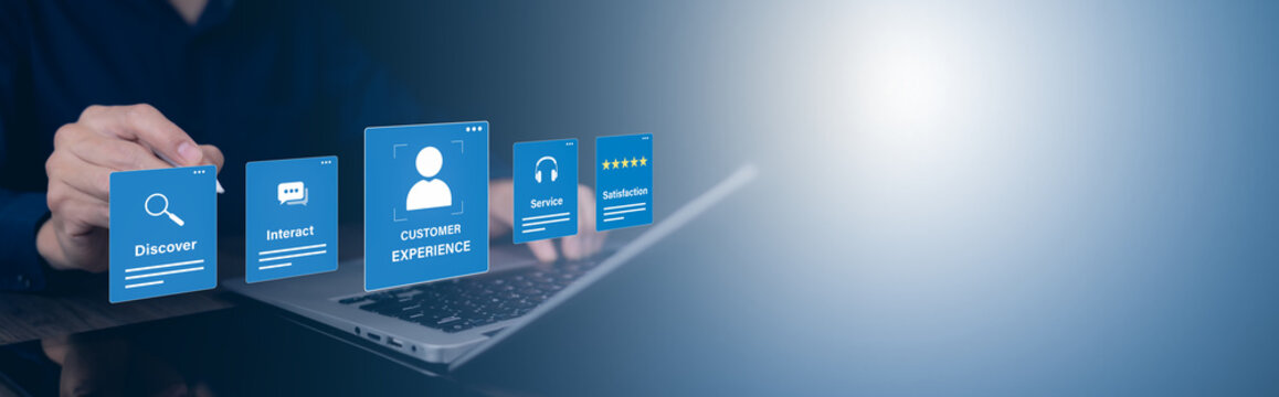Customer experience concept showing discovery, interaction, support and satisfaction through digital service panels with a five star rating and wide copy space.