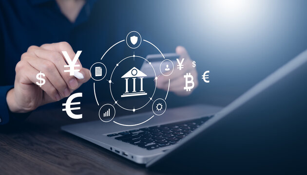 Digital banking concept with dollar, euro, yen and bitcoin symbols surrounding a bank icon, illustrating global finance, currency exchange and secure financial services.