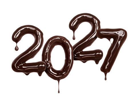 New Year 2027 numbers made of melted chocolate isolated on white background