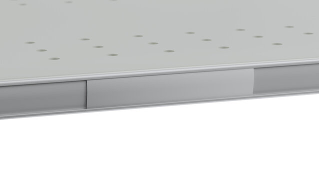 Grey empty retail shelf edge with blank price tag holder