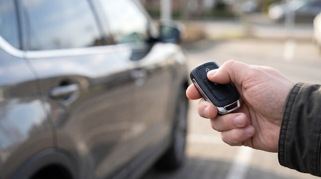 Person's hand pressing a button on a car key fob to lock or unlock a grey vehicle in a parking lot.