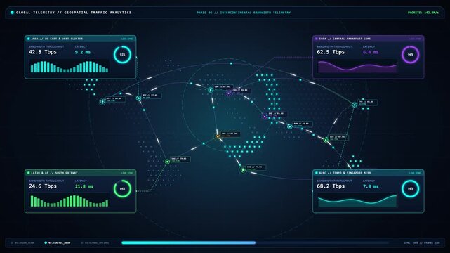 Futuristic digital world map network data analytics dashboard with graphs and interface