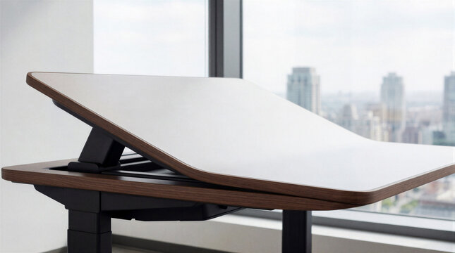 Smart desk actively reshaping its surface height and angle in a modern office with city view