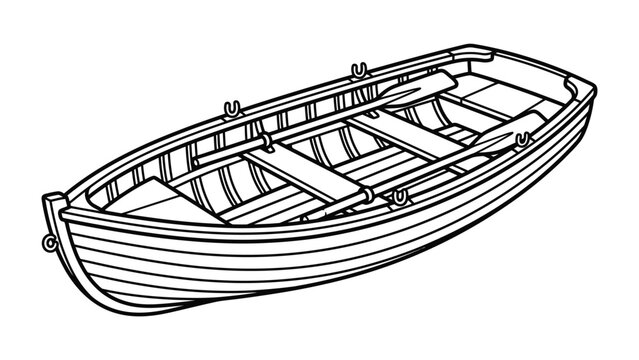 Rowboat Illustration: A detailed line drawing of a classic rowboat, complete with oars, poised for a tranquil journey on the water.