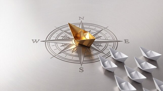 Golden paper boat leading a fleet of white paper boats following a compass, symbolizing leadership, direction, and strategy on a metallic textured background