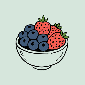 Hand drawn bowl filled with fresh strawberries and blueberries