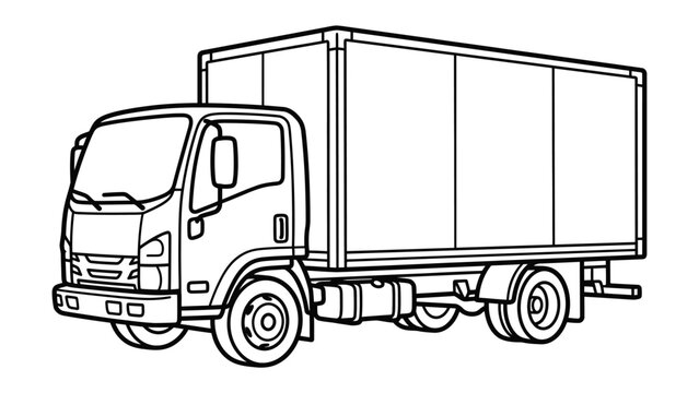 Box Truck Illustration: A clean, black and white line drawing of a delivery box truck, showcasing its utilitarian design and components, ready for logistical operations.