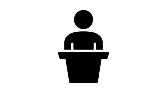 Minimalist speaker icon at a podium, black silhouette of a public speaker giving a presentation, professional lectern symbol for business seminars