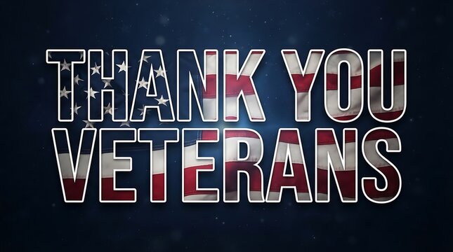 Thank you veterans text filled with a vibrant american flag pattern on a dark background