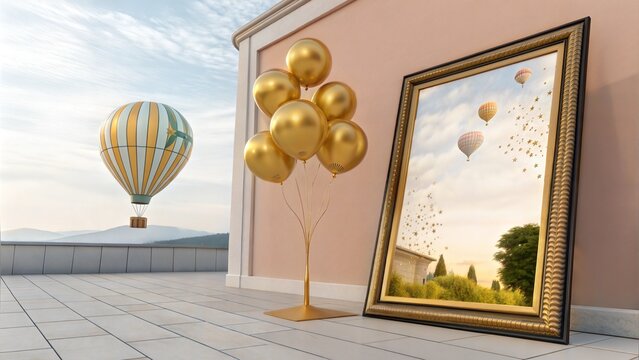 Frame poster mockup with gold balloons, air ballon 3d rendering