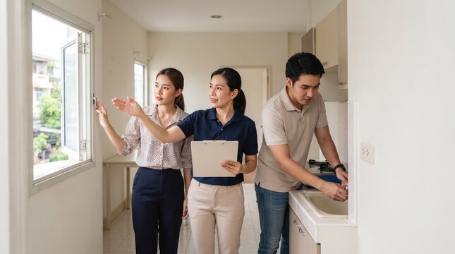 A real estate agent showing a new house to a couple. The agent is holding a clipboard and pointing to the window, while the couple looks around the kitchen