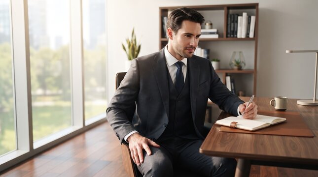 A man in a suit sitting at a desk, writing in a notebook. He is looking down at the notebook, focused on his work. The office has a large window with a view of the city