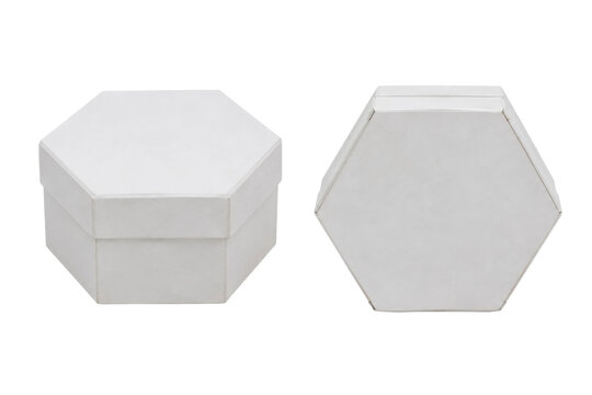Two white hexagonal gift boxes, one closed and one open, are neatly arranged on a clean white background, showcasing their elegant design