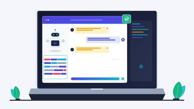 Smooth 2D flat vector motion graphic of an intelligent AI robot assistant processing conversational prompts and generating clean syntax blocks inside a sleek laptop screen workspace.