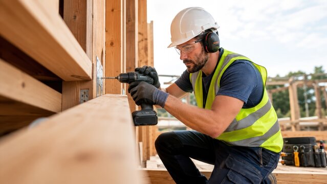 A construction worker in a hard hat and safety vest is drilling into wood at a construction site, focused on his task.