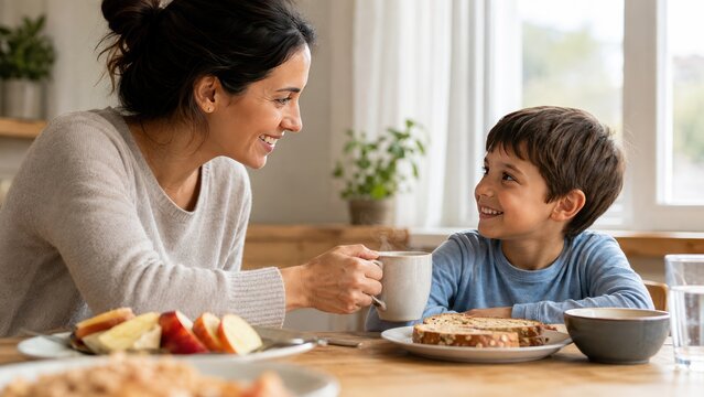A mother and son sharing a happy breakfast at home, enjoying food and conversation. The mother offers a cup while the son smiles, both looking at each other with warmth