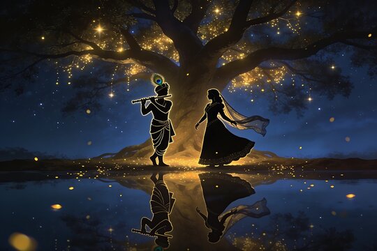 Krishna and Radha silhouettes stand beneath a sacred tree glowing with golden lights and mirrored in a still lake under a midnight blue starry sky