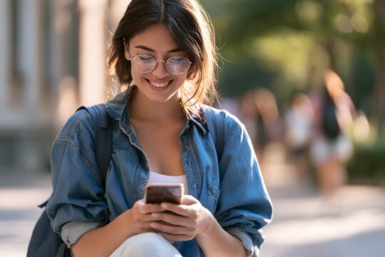 眼鏡の女子学生がスマホで合格を確認
