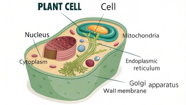 Illustration of the Plant cell anatomy structure. Vector infographic with nucleus, mitochondria, endoplasmic reticulum, golgi apparatus, cytoplasm, wall membrane etc