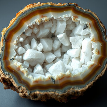 Natural cut geode stone revealing sparkling white quartz crystals with empty copy space in soft light