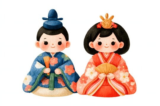 扇を持つお内裏様とお雛様の水彩イラスト
