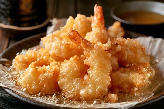 黄金色に揚がったエビ天のクローズアップ