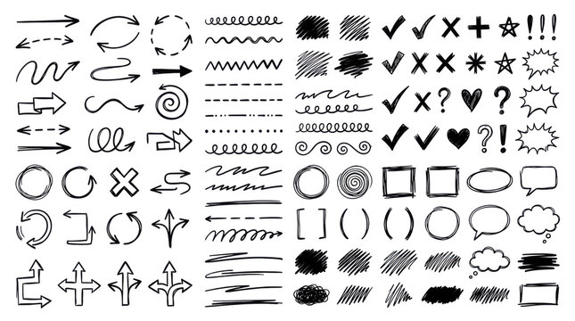 Set of black hand drawn doodle symbols and shapes isolated on transparent background