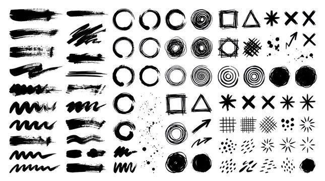 Set of black hand drawn geometric shapes and brush strokes isolated on transparent background
