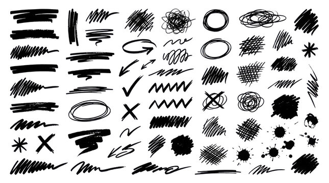 Set of black hand drawn ink brush strokes and shapes isolated on transparent background