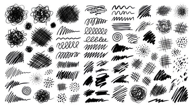 Set of black hand drawn ink scribble brush strokes isolated on transparent background
